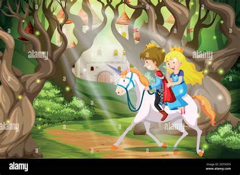 Prince And Princess Riding A Unicorn Scene Stock Vector Image And Art Alamy