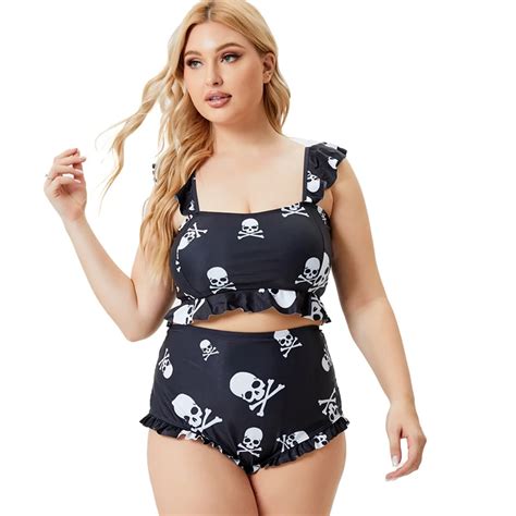 Print Schedel Plus Size Bikini Stukken Badpak Zwart Badpak Off Schouder Badmode Vrouwen Zoete