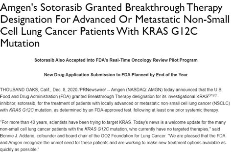 Kras突变非小细胞肺癌新希望，靶向药sotorasib获美国fda突破性药物资格 厚朴方舟
