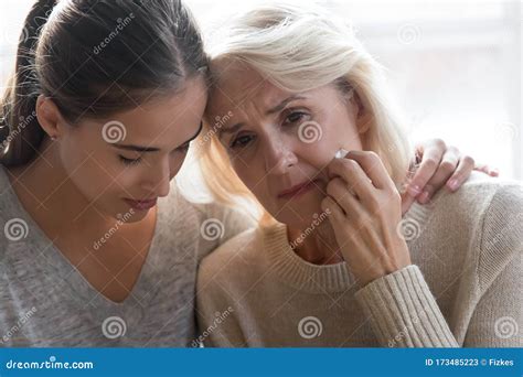 Close Up Young Grown Up Worried Daughter Hugging Frustrated Mother Stock Image Image Of