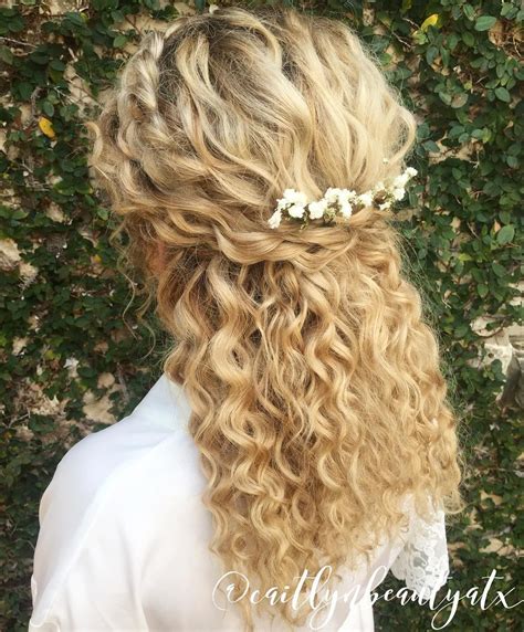 Natural Curly Bridal Hair Half Up Half Down With A Braid On The Side