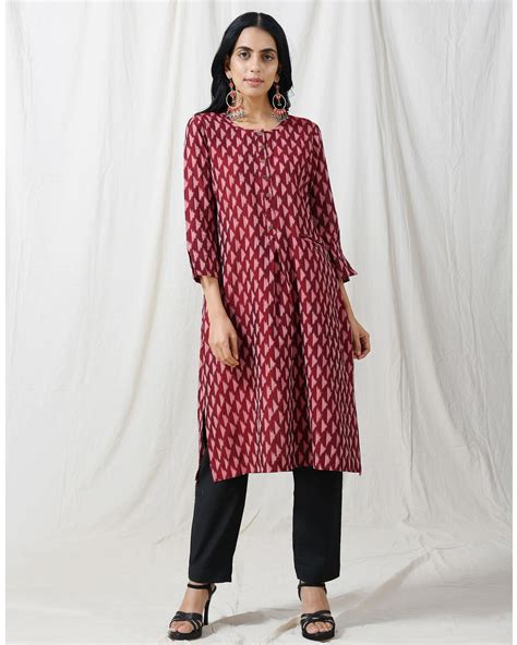 Brown Ikat Buttoned Kurta With Pocket By Raasleela The Secret Label