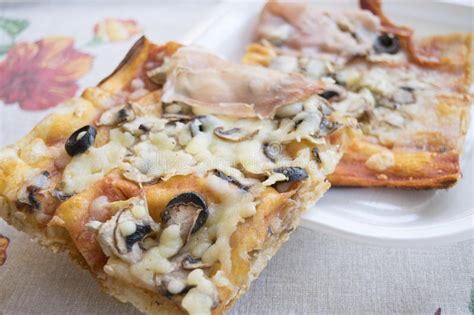 Pizza Mushrooms Black Olives And Cooked Ham Stock Image Image Of