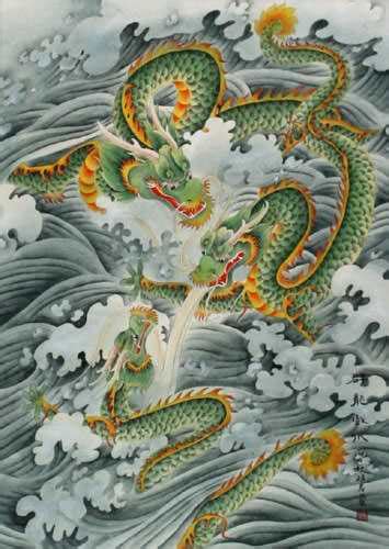 Three Green Dragons White Asian Silk Wall Scroll Tigers And Dragons