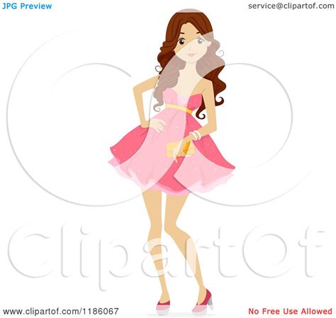cartoon of a brunette teen girl wearing a pink prom dress royalty free vector clipart by bnp