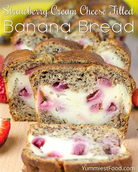The cream is melting and the bread is fluffy! Strawberry Cream Cheese Filled Banana Bread - Recipe from Yummiest Food Cookbook
