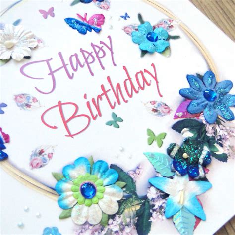 Floral Happy Birthday Card Shabby Chic Mixed Media Blue Paradis