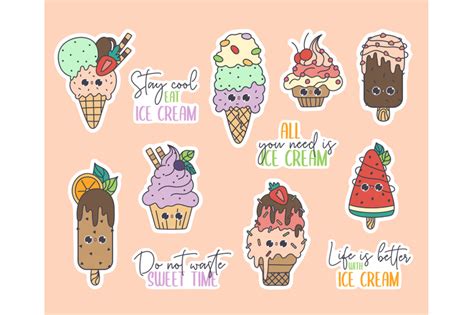 Ice Cream Kawaii Sticker Bundle12 Png Stickers Design By Kislinkaart