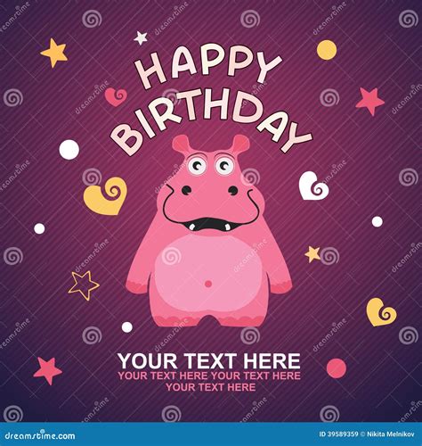 Cute Happy Birthday Card With Fun Hippo Stock Vector Illustration Of