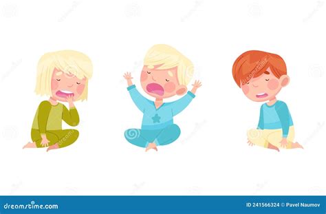 Sleepy Little Boy And Girl Wearing Pajamas Sitting And Yawning Vector