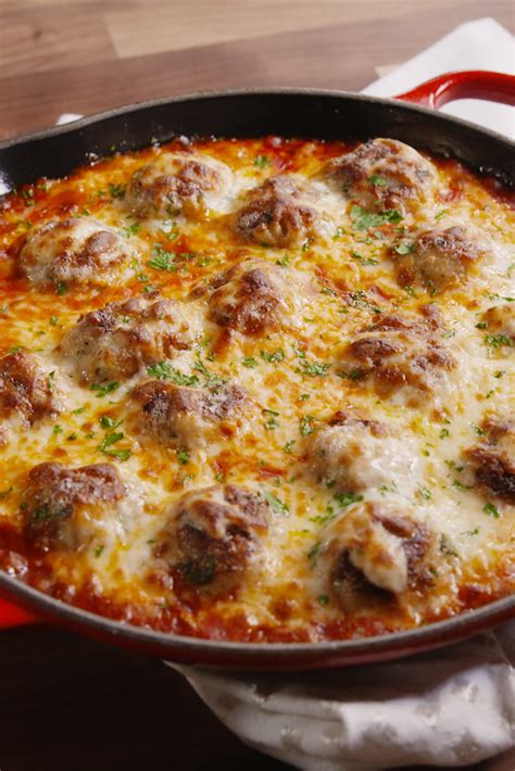 In a large bowl, combine ground chicken, gruyère, bread crumbs, parsley, egg, and garlic. Best Chicken Parm Meatball Skillet Recipe - How to Make ...