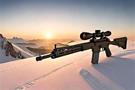 Una Pistola Negra En La Cima De Una Montaña Nevada Con El Sol Saliendo