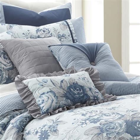 Queen King Bed Blue Gray Floral Houndstooth Ruffle 8 Pc Comforter Set