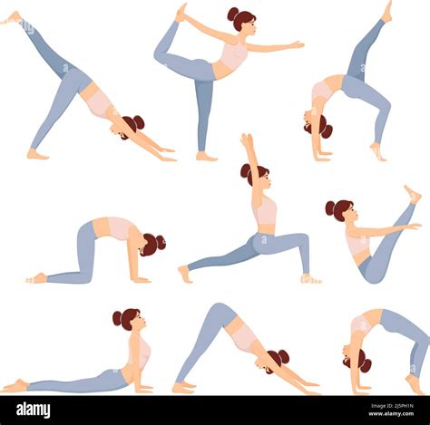Set Of Yoga Postures Woman Doing Yoga And Pilates Exercises Healthy