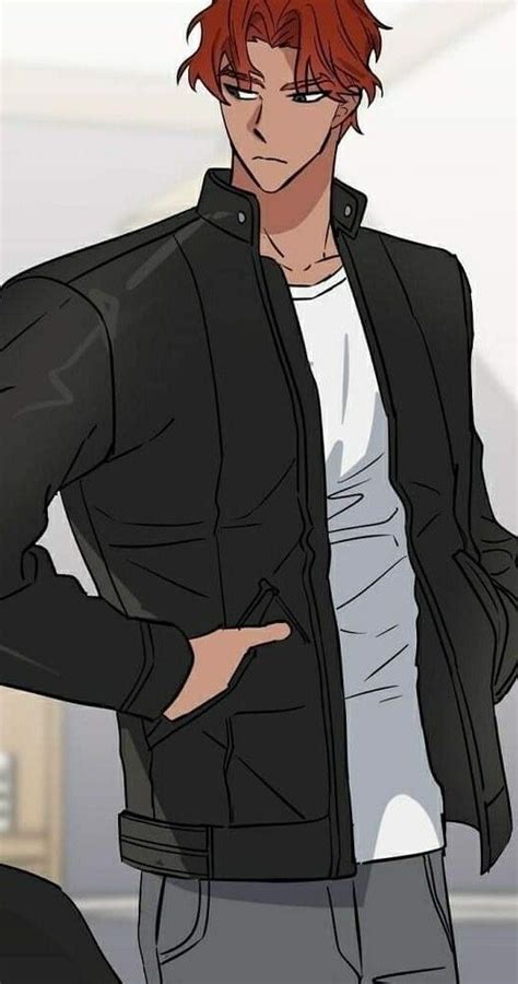 An Anime Character With Red Hair Wearing A Black Jacket And White T