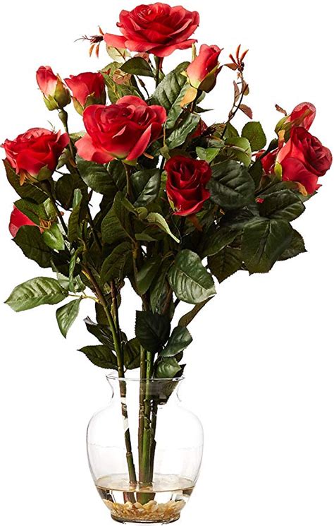 Nearly Natural 1281 Rd Rose Bush With Vase Silk Flower Arrangement Red