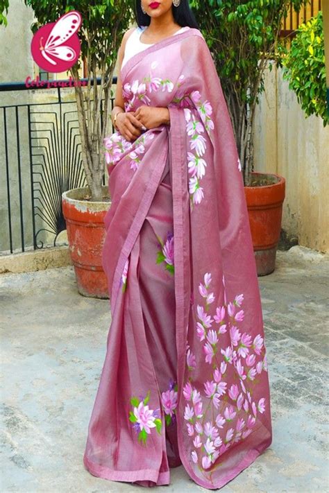 Buy Mauve Hand Painted Pure Organza Saree Sarees Online In India