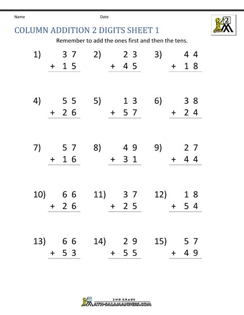 2nd Grade Math Worksheets Adding Two Digit Numbers