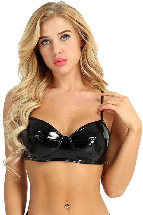 Inhzoy Womens Sexy Wet Look Faux Leather Wire Free Unlined Bra Top Triangle