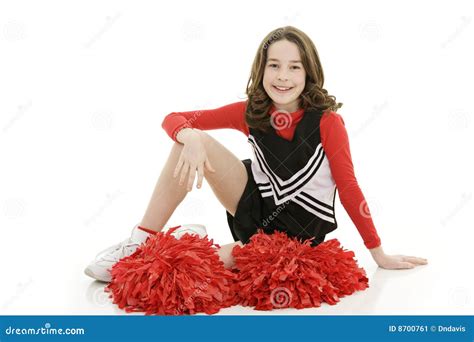 Ten Year Old Caucasian Girl Dressed As A Red Cheerleader Outfit Stock