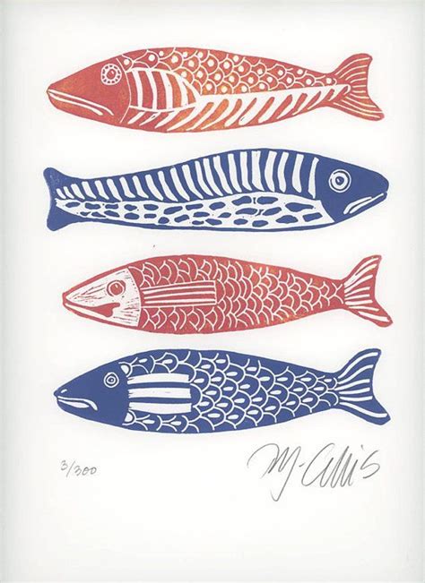 Linocut Print Four Fish Fish Blue And White Red T For Etsy