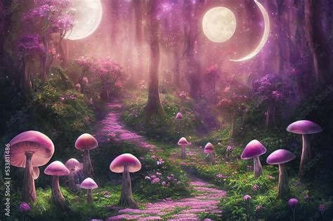 Fantasy Magical Mushrooms And Butterfly In Enchanted Fairy Tale Dreamy