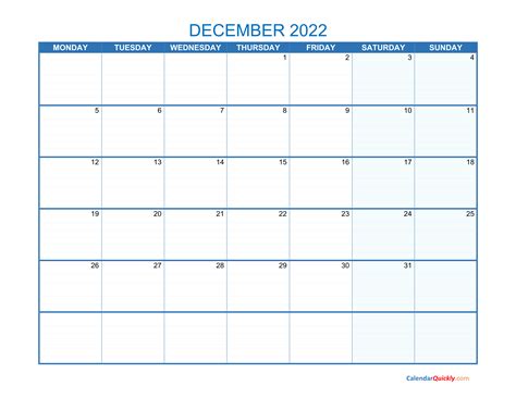 December Monday 2022 Blank Calendar Calendar Quickly