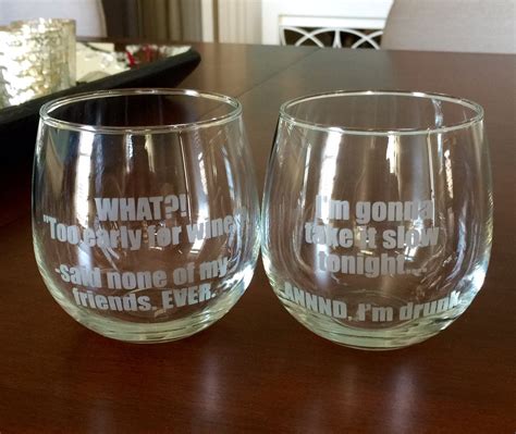 Set Of Two Etched Stemless Red Wine Glasses With Funny