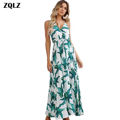 Zqlz 2018 Women Bohemian Beach Maxi Dress Fashion Print Floral Vintage