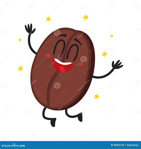 Cute Funny Coffee Bean Character With Human Face Jumping Excitedly