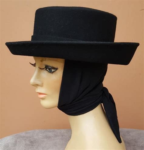 Black Wool Felt Hat Attached Scarf Womens Fedora Style Size Medium