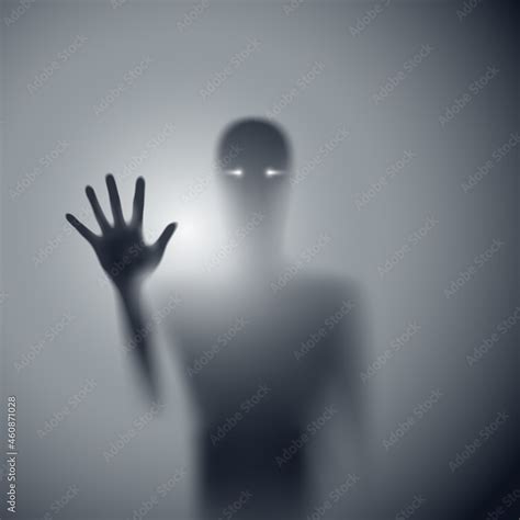 shadow blur of horror man with white eyes behind the matte glass blurry hand body figure