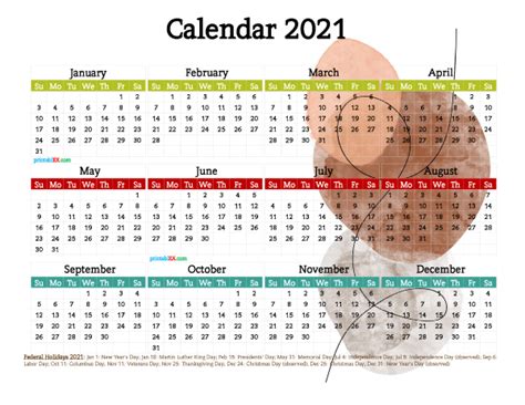 12 Printable 2021 Calendar With Holidays Free Watercolor Image