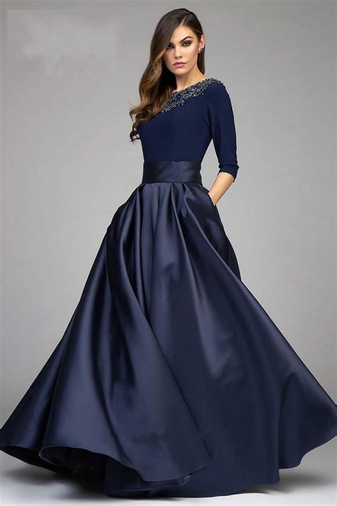 2017 Fashion Ball Gown Dresses Evening Wear Navy Blue Long Sleeve