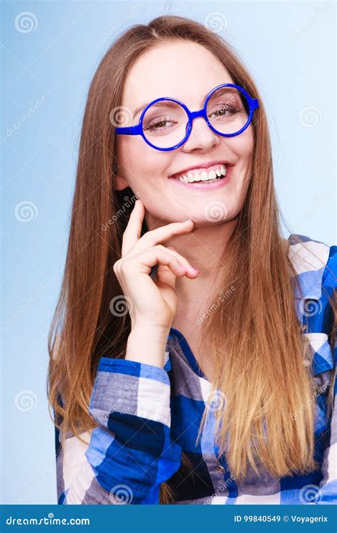 Happy Smiling Nerdy Woman In Weird Glasses Stock Image Image Of Woman Genius 99840549
