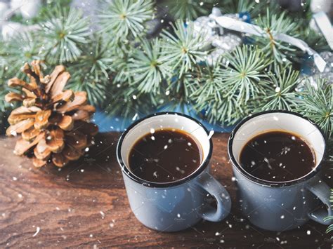 Coffee Over Christmas Winter Background ~ Food And Drink Photos