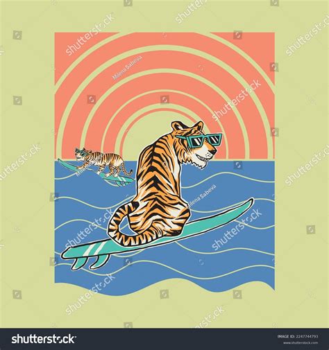 Vector Illustration Comic Tiger Using Surfing Stock Vector Royalty