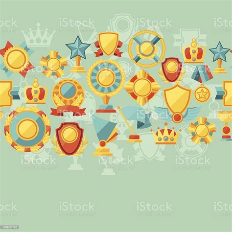 Seamless Pattern With Trophy And Awards In Flat Design Style Stock