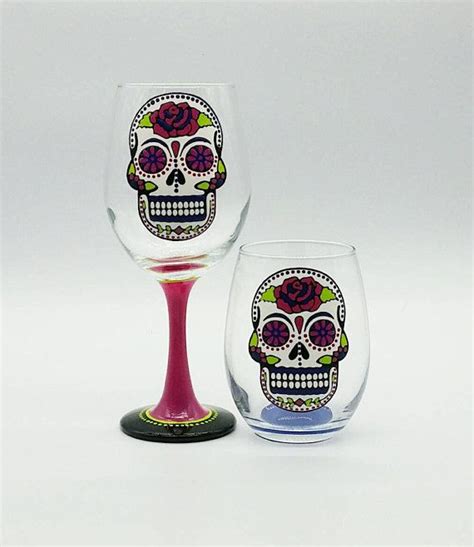 Pink Sugar Skull Hand Painted Stemless Or Stemmed Wine Glass Etsy Skull Hand Hand Painted