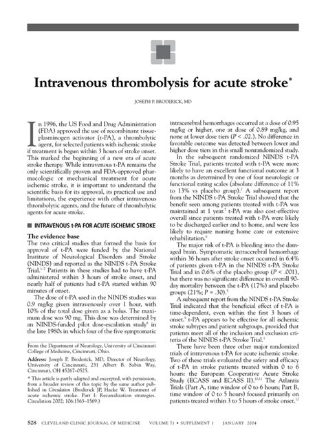 Intravenous Thrombolysis For Acute Stroke Cleveland Clinic Journal Of