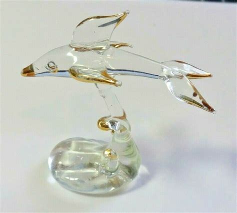 Clear Crystal Glass Dolphin Swimming On Wave Figurine Wgold Trim