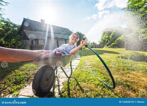 Beautiful Young Happy Woman Hosing Garden Summer Splashes Eco Friendly