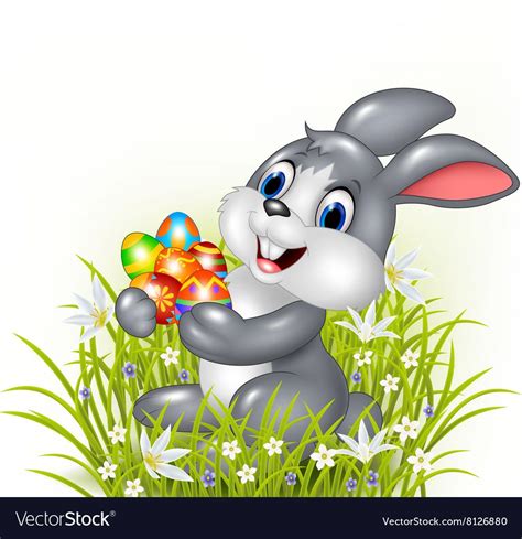 Happy Rabbit Cartoon With Easter Eggs Vectorstock Easter Bunny