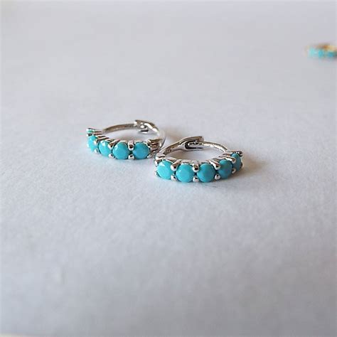 Turquoise Huggie Earrings 2mm CZ Turquoise 925 Sterling Silver Etsy
