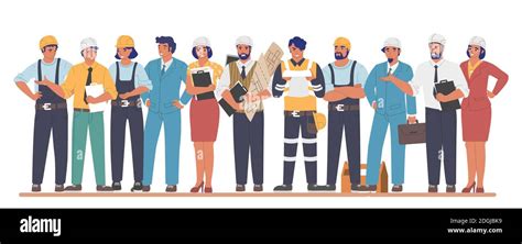 Building Workers And Engineers Cartoon Characters Flat Vector