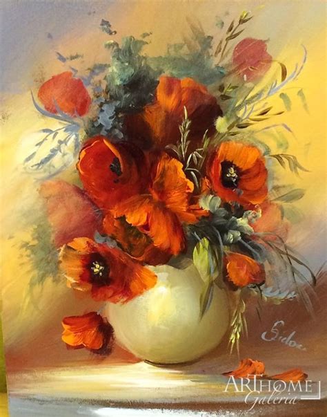 An Oil Painting Of Red Flowers In A White Vase
