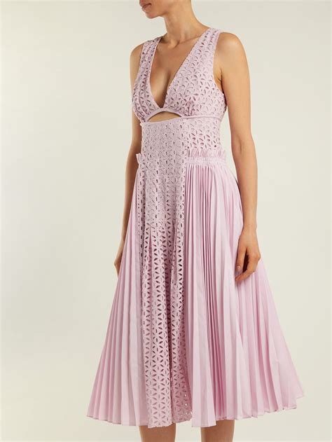 SELF-PORTRAIT Broderie-Anglaise And Pleated-Panel Midi Light Pink Dress - We Select Dresses