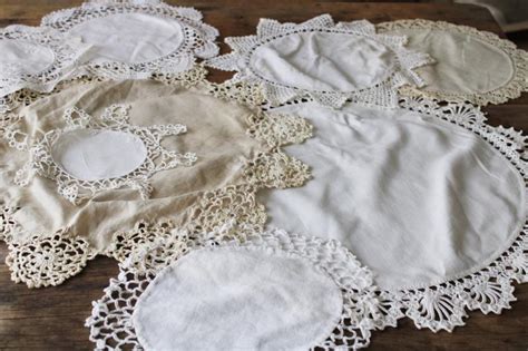 Vintage Doilies Lot Cotton And Linen Fabric Rounds W Lace Crochet Edgings