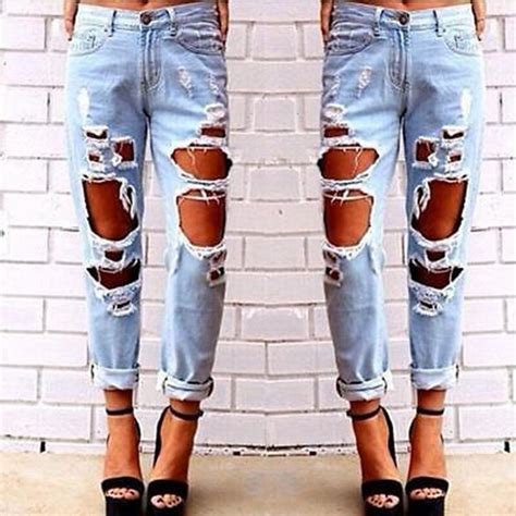 Buy New Ripped Jeans Women Denim Pants Holes High Waist Casual Trousers Pencil