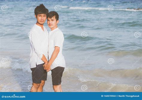 Homosexual Portrait Young Asian Couple Standing Together On Beach In